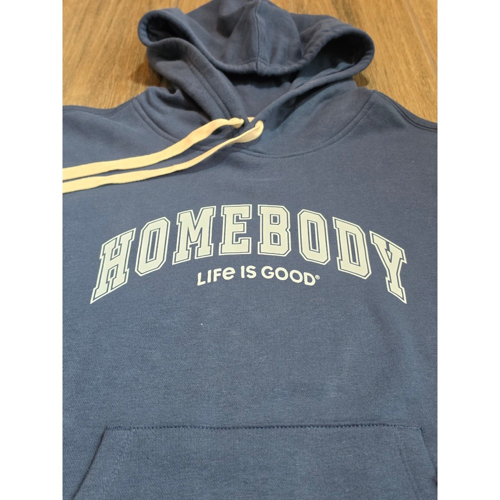 Life is Good Womens Homebody Graphic Hoodie Blue Fleece Sweatshirt Large NWT